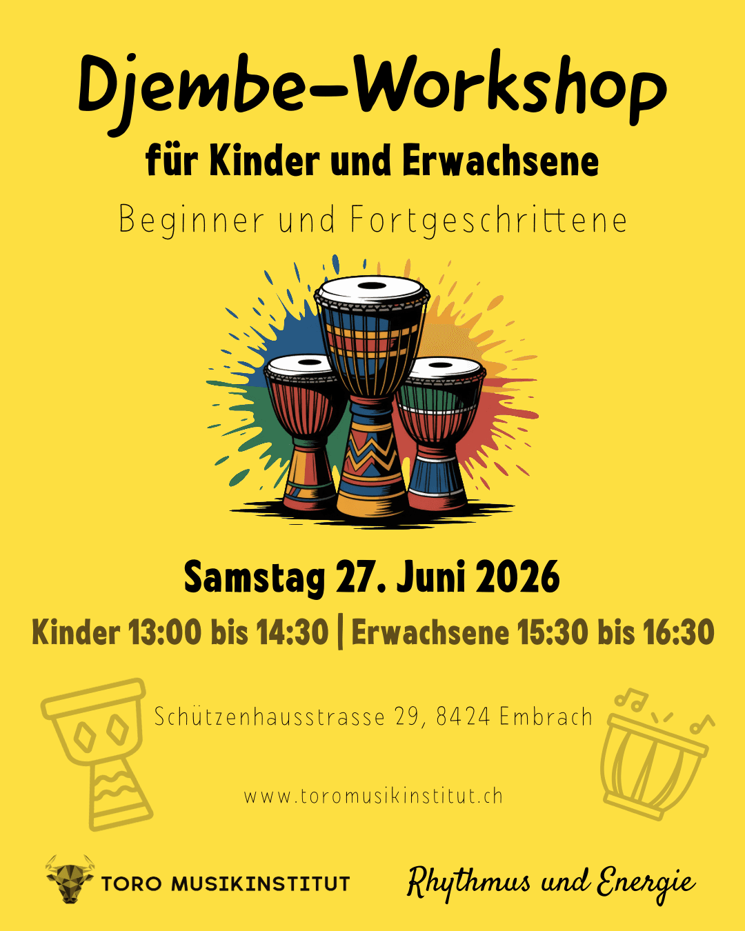 Djembe-Workshop Poster — Samstag, 27. Juni 2026, Toro Musikinstitut Embrach