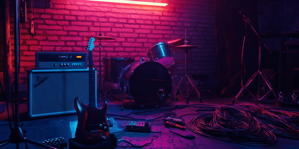 Aufgebautes Equipment der Band im Neonlicht
